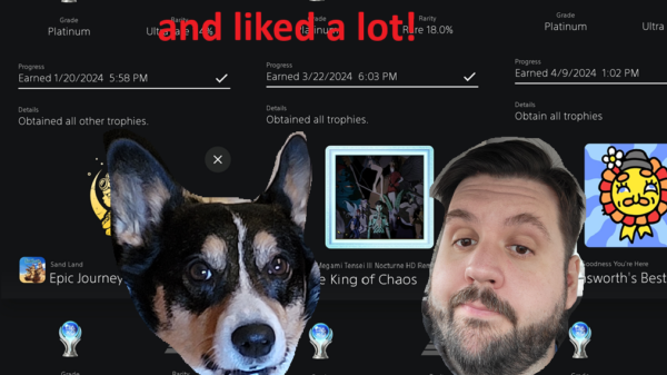 The featured image for Nick's Top 10 feature. It shows a background of platinum trophies Nick achieved in 2024 along with his face and his corgi Felix's face. Above them in bold red lettering it says "Nick and Felix's List of Games that Nick played in 2024 and liked a lot!"