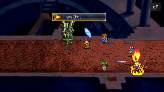 A screenshot from the game LUNAR Remastered Collection. In the screenshot, Lemina is casting the spell 'Flame Shot'